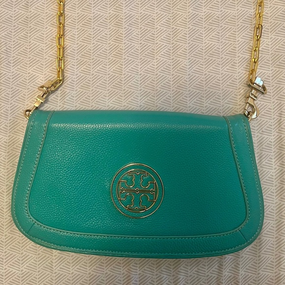 Tory Burch Turquoise Crossbody Chain Clutch Bag Purse - Picture 1 of 7